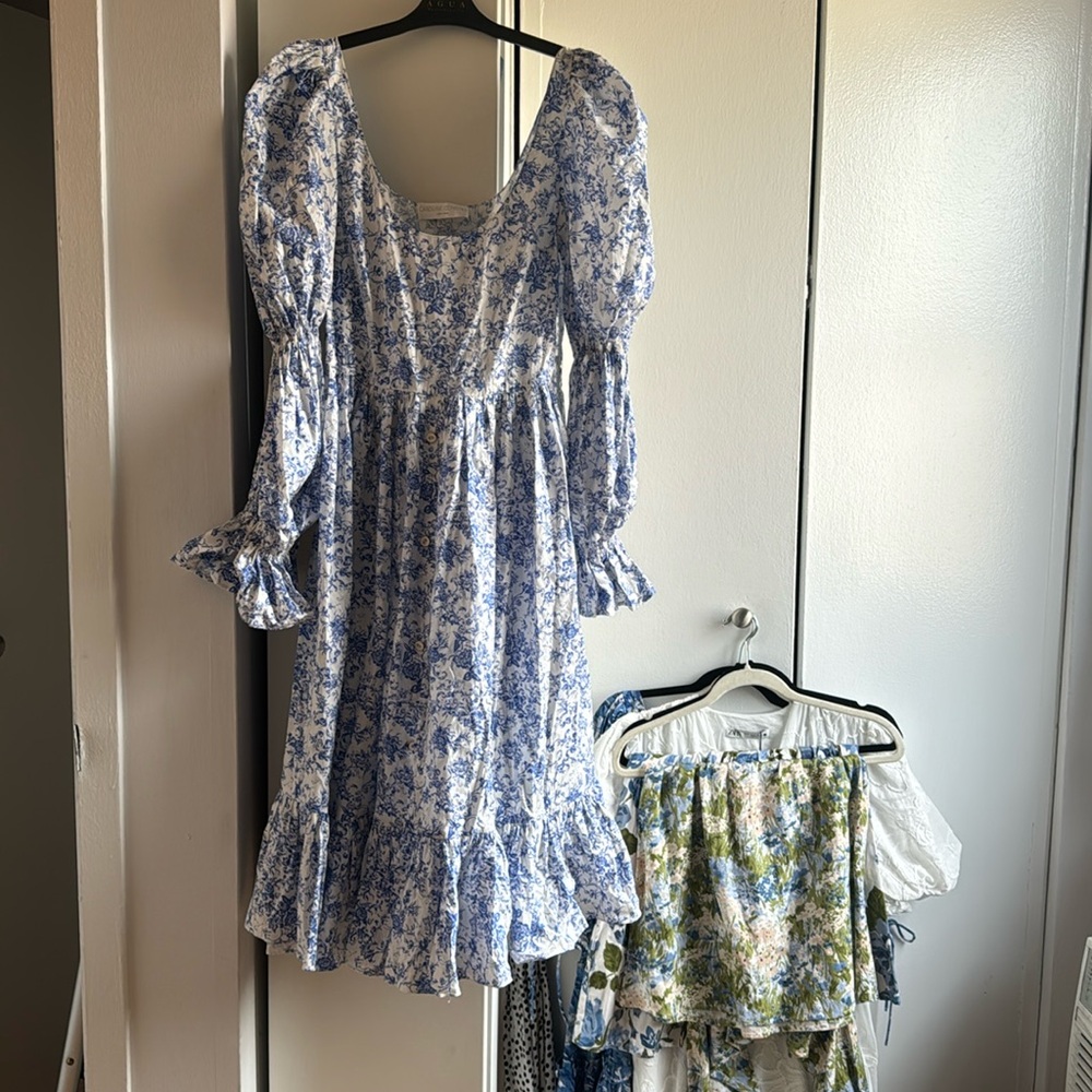 Caroline Constas Long Sleeve Blue White Dress